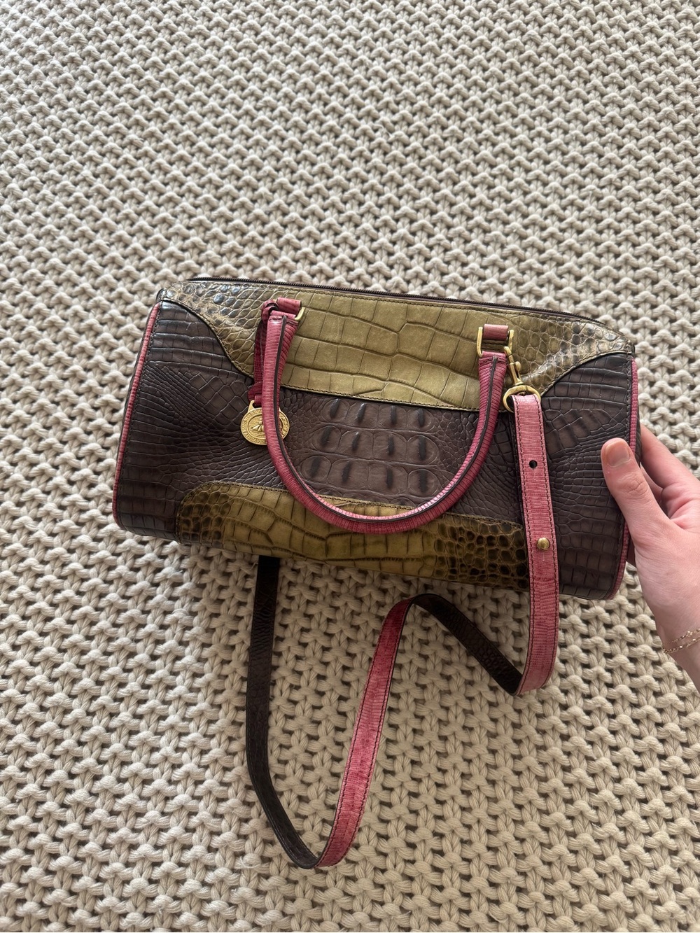 Brahmin Olive and Brown Croc-Embossed Barrel Satchel with Pink Trim